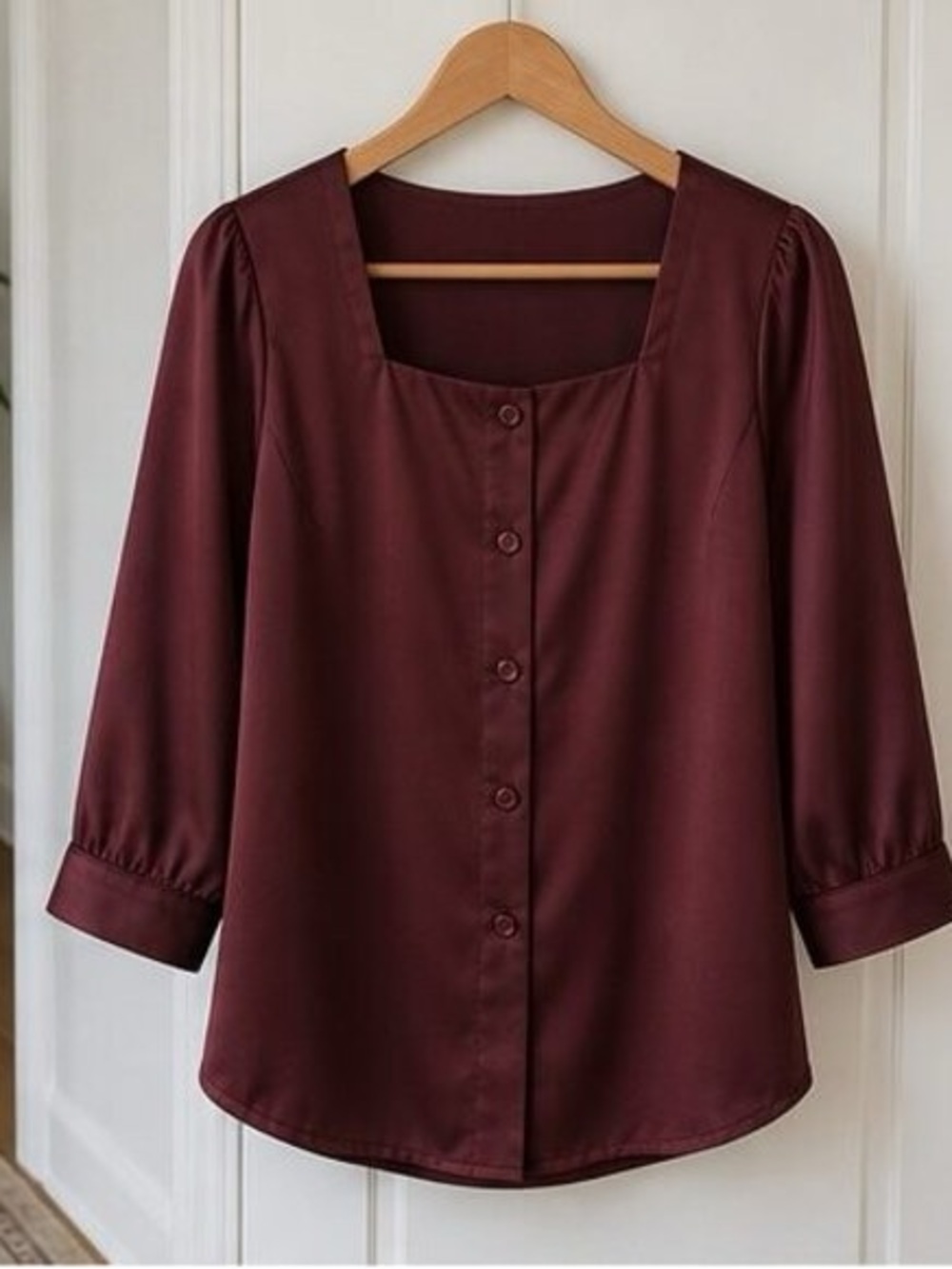 Women’s Square-Neck Button Front Top in Burgundy - Picture 1 of 6